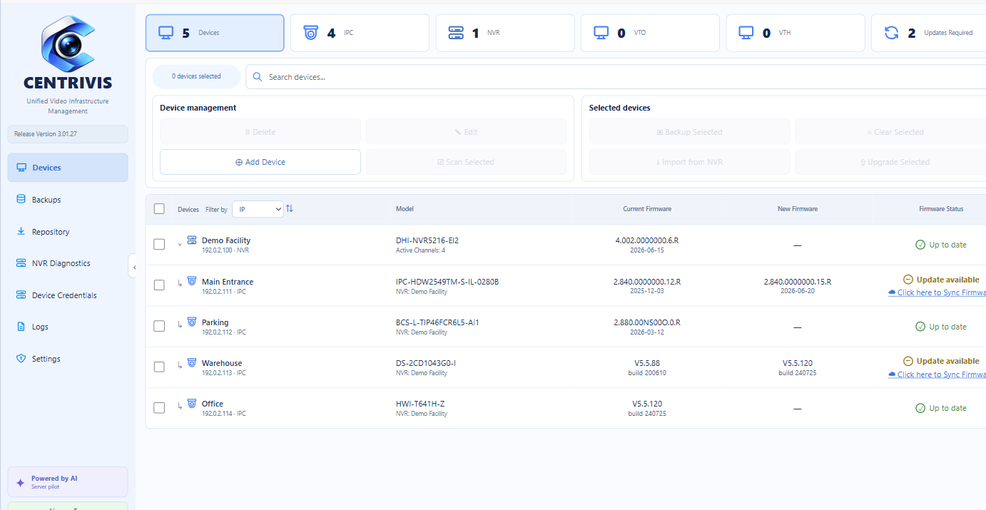 CENTRIVIS — Devices view